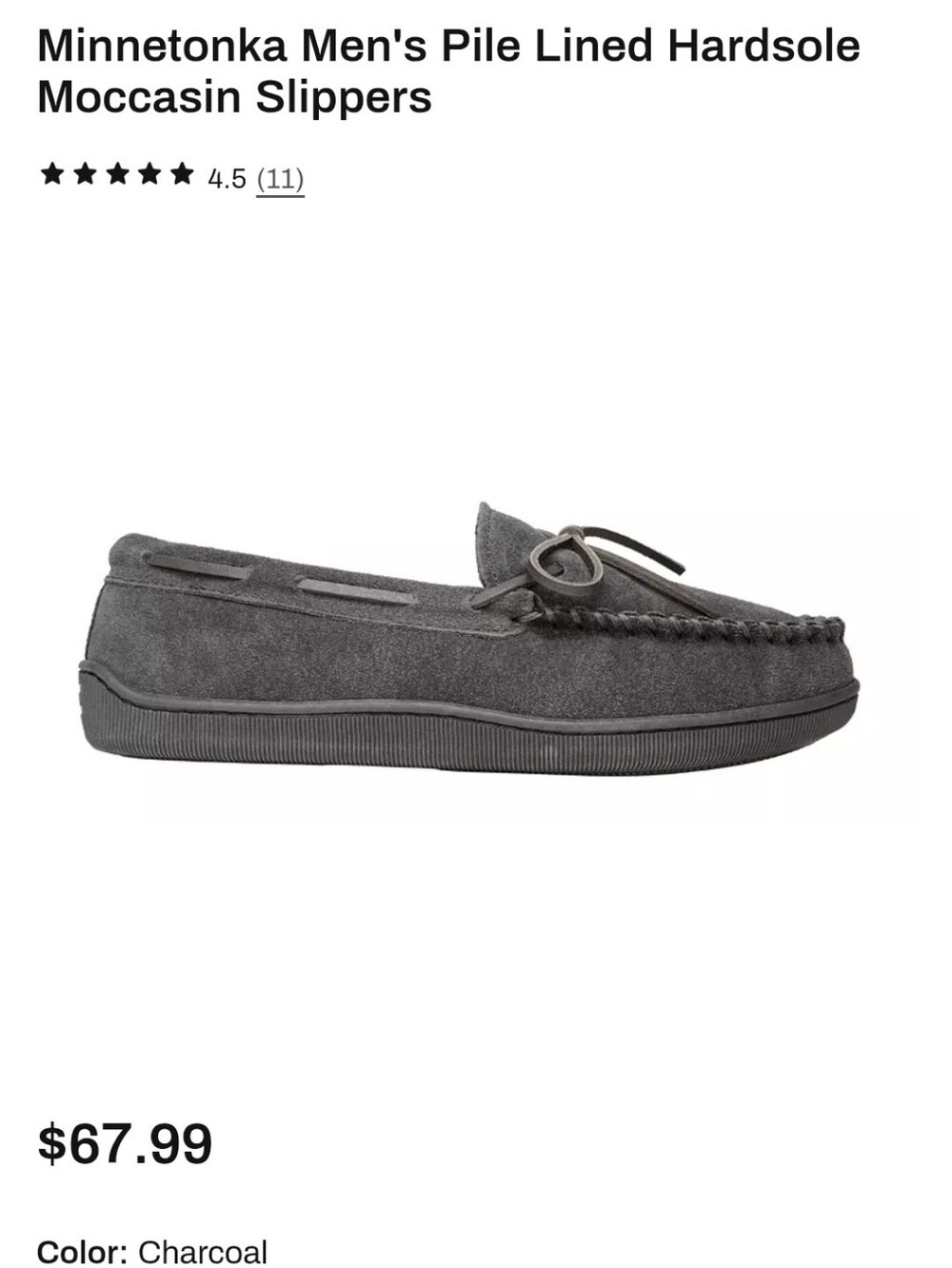 Minnetonka Men’s 8M Pile Lined Hardsole Moccasin Slippers Dark Gray Suede 41329
